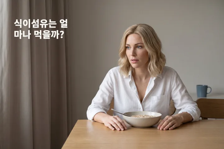 식이섬유는 얼마나 먹을까? — 이른 아침 식탁 앞에 앉은 여성 앞에 죽 한 그릇이 놓여 있다