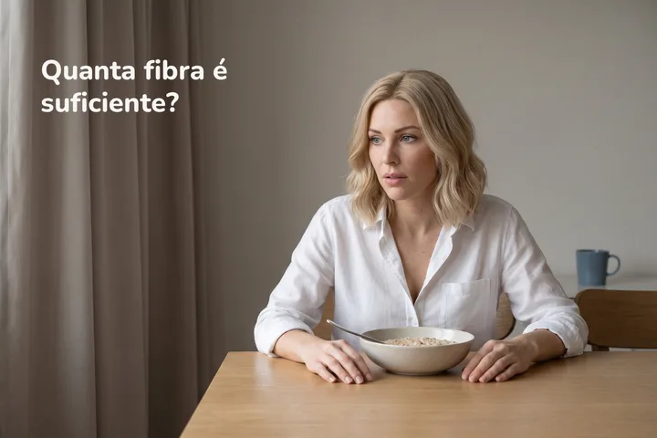 Quanta fibra é suficiente? — uma mulher à mesa de jantar de manhã cedo, com uma tigela de mingau à frente