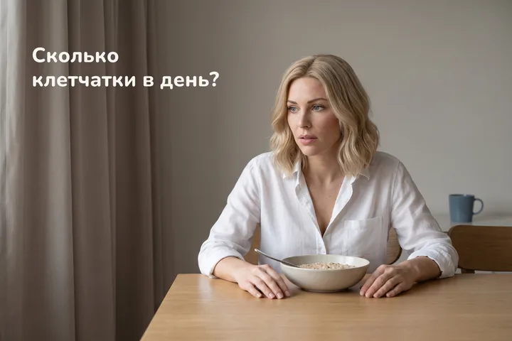 Сколько клетчатки в день? — женщина за обеденным столом ранним утром, перед ней миска каши