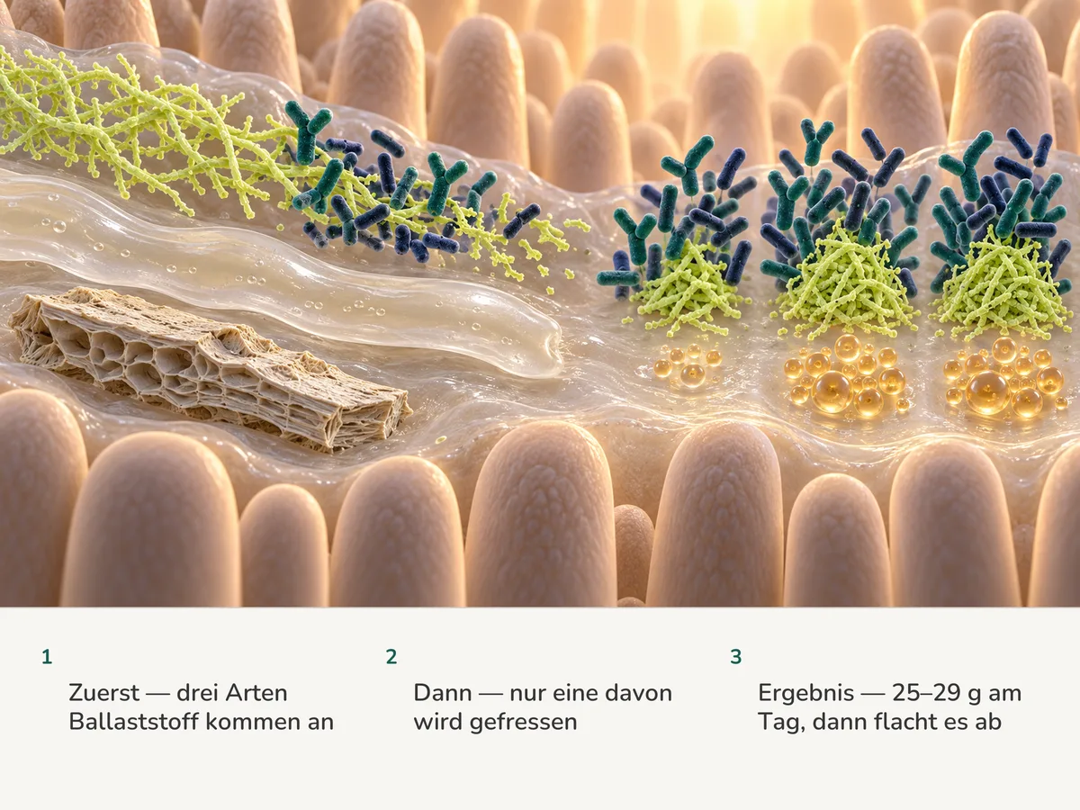 Illustration: drei Ballaststoffe erreichen die Darmschleimhaut; die Bakterien fressen nur die verzweigten Ketten, ein Gelband und ein Kleieteilchen gehen unversehrt durch, und größere Portionen bringen nichts mehr dazu