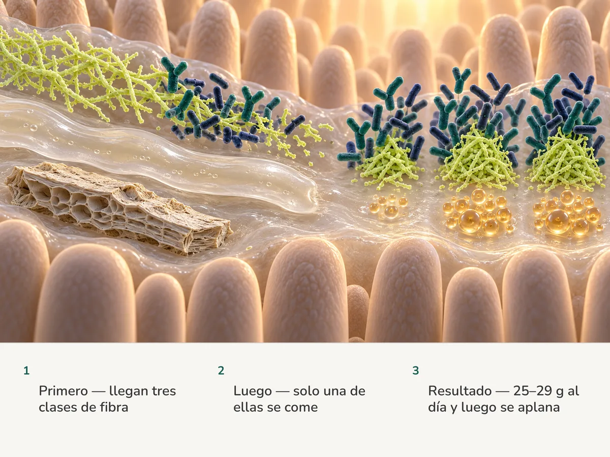 Ilustración: tres fibras llegan a la mucosa intestinal; las bacterias solo comen las cadenas ramificadas, una cinta de gel y una hojuela de salvado pasan enteras, y las porciones más grandes dejan de dar más