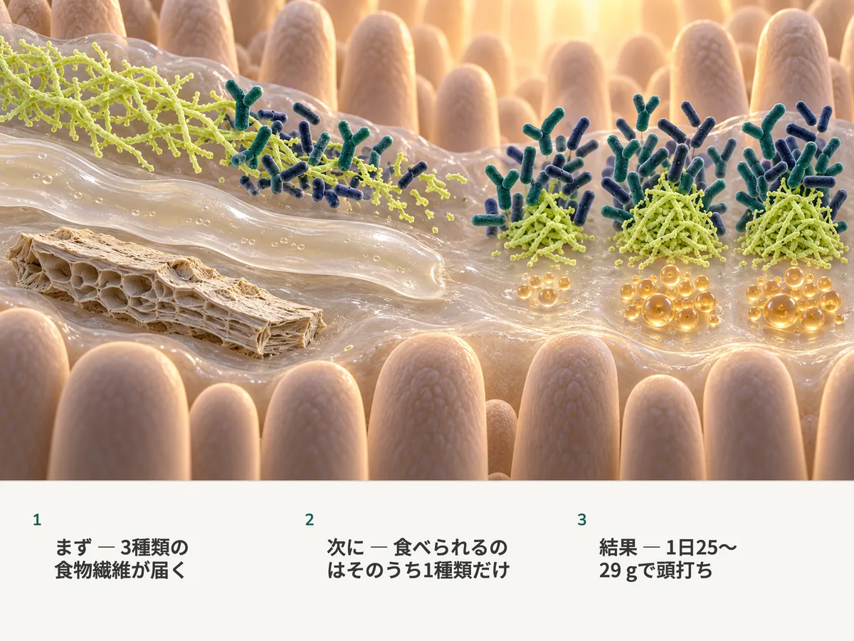 イラスト:三種類の食物繊維が腸粘膜に届く。細菌が食べるのは枝状の鎖だけで、ゲルの帯とふすまの薄片はそのまま通り、量を増やしても得るものは増えない