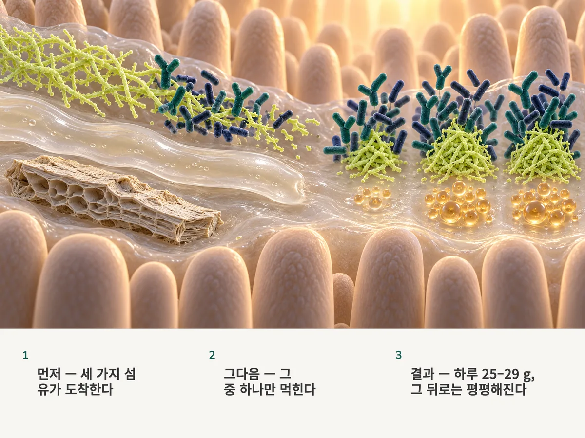 일러스트: 세 가지 섬유가 장 점막에 닿는다. 세균은 가지 친 사슬만 먹고, 젤 리본과 밀기울 조각은 온전히 지나가며, 더 많이 먹어도 더 나오지는 않는다