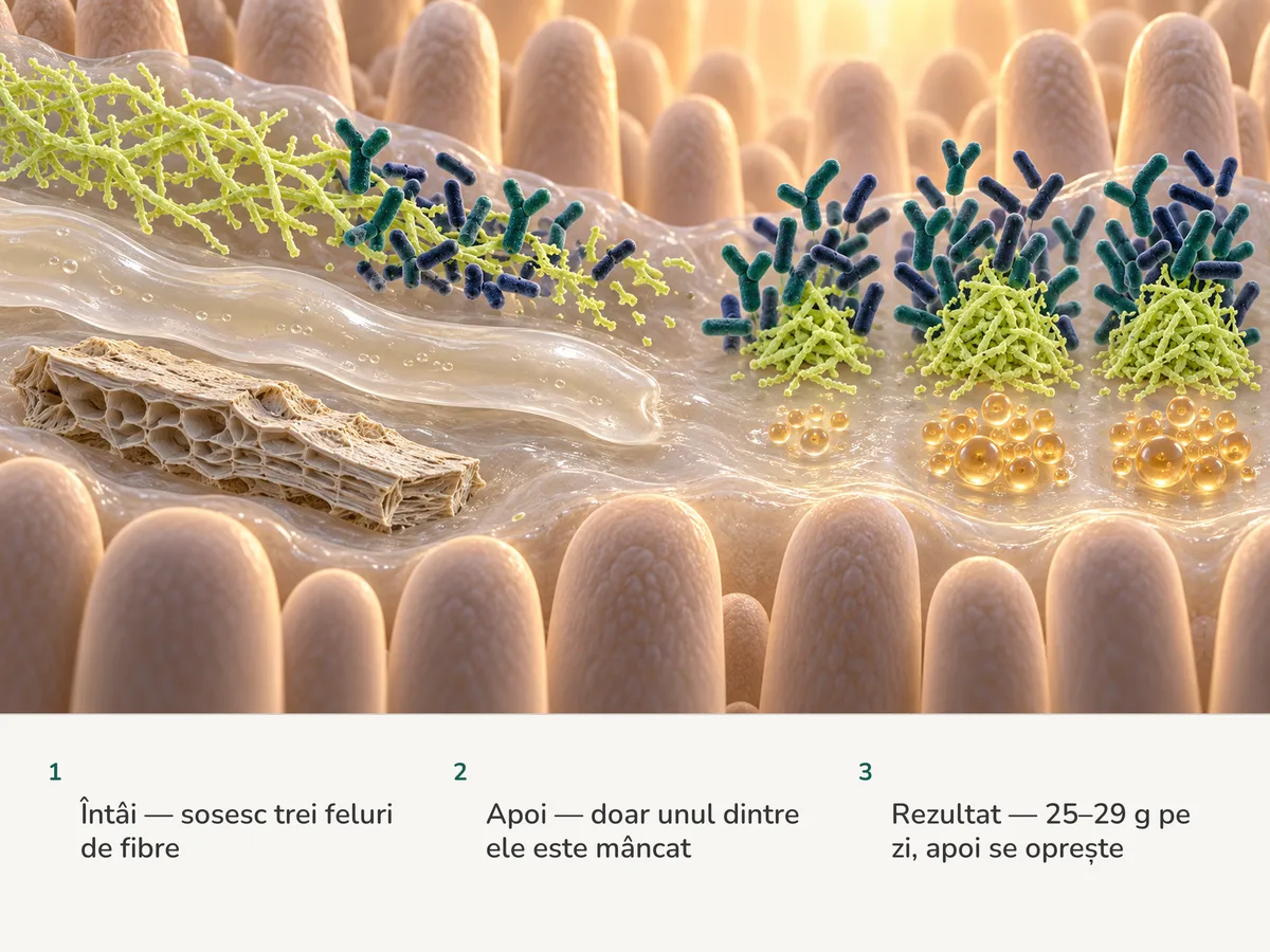 Ilustrație: trei fibre ajung la mucoasa intestinului; bacteriile mănâncă doar lanțurile ramificate, o panglică de gel și un fulg de tărâțe trec întregi, iar porțiile mai mari nu mai aduc nimic în plus