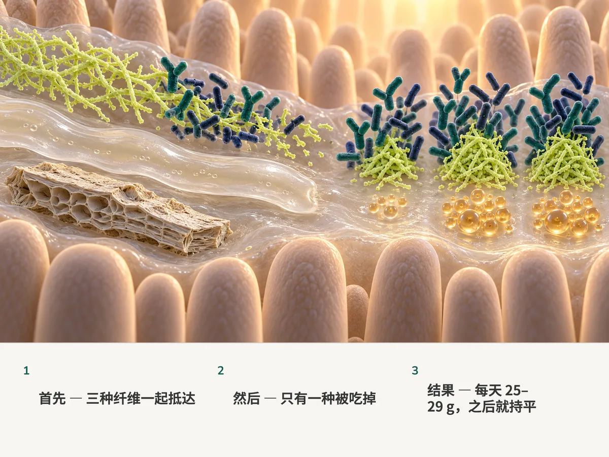 插图:三种纤维抵达肠黏膜;细菌只吃分枝的链,凝胶带和麸皮片完好通过,再加量也不再有更多收获