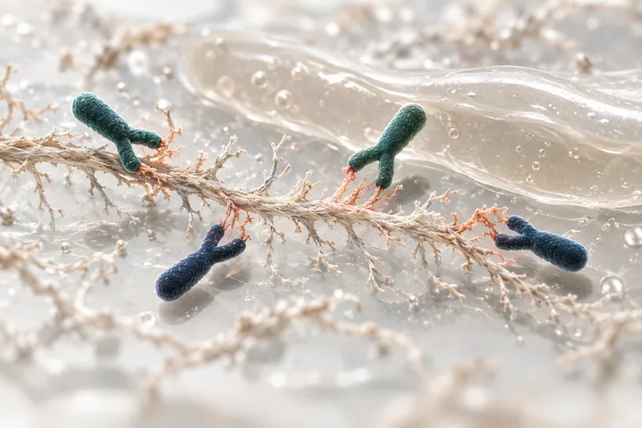 Ilustración: bacterias intestinales bifurcadas desarman cadenas blandas y ramificadas de fibra mientras una cinta lisa de gel pasa de largo