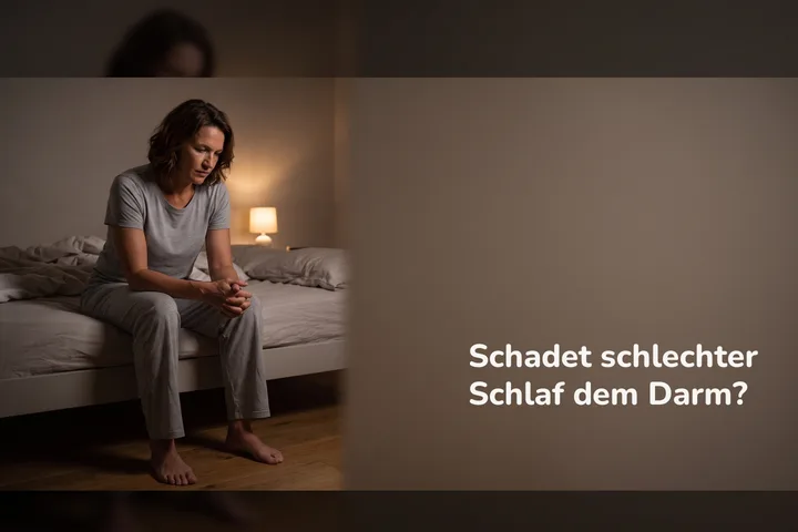 Schadet schlechter Schlaf dem Darm? — eine Frau um drei Uhr nachts auf der Bettkante bei einer gedämpften Lampe