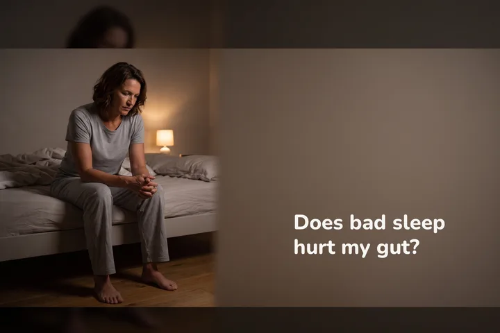 Does bad sleep hurt my gut? — a woman on the edge of her bed at three in the morning by a low lamp