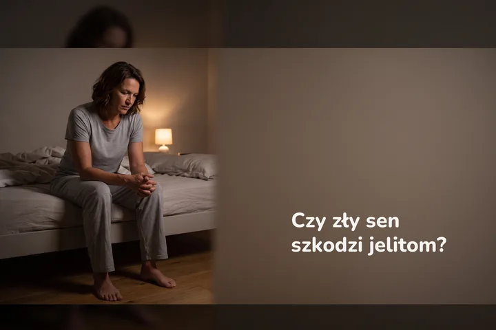 Czy zły sen szkodzi jelitom? — kobieta na brzegu łóżka o trzeciej nad ranem przy przygaszonej lampce