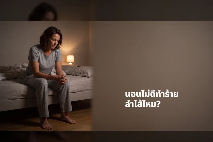นอนไม่ดีทำร้ายลำไส้ไหม? — ผู้หญิงนั่งที่ขอบเตียงตอนตีสามข้างโคมไฟสลัว