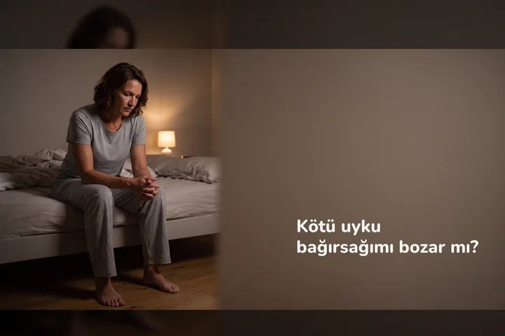 Kötü uyku bağırsağımı bozar mı? — bir kadın gecenin üçünde kısık bir lambanın yanında yatağının kenarında