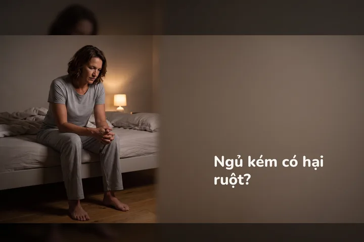 Ngủ kém có hại ruột? — một phụ nữ ngồi ở mép giường lúc ba giờ sáng bên ngọn đèn mờ