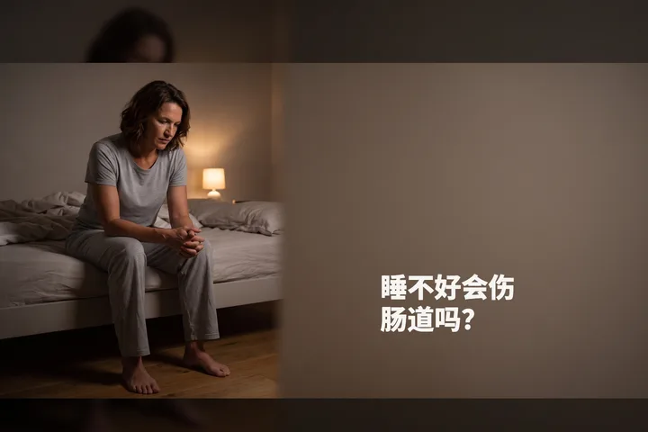 睡不好会伤肠道吗？ — 凌晨三点，一位女性在昏暗的台灯旁坐在床沿