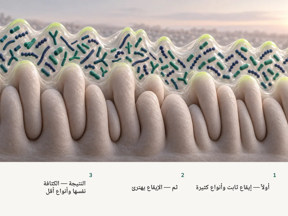 رسم توضيحي: بكتيريا الأمعاء على طول البطانة في موجة منتظمة تتحول إلى موجة مهترئة، يبقى الحشد بالكثافة نفسها لكنه يتكون من أنواع خلايا أقل