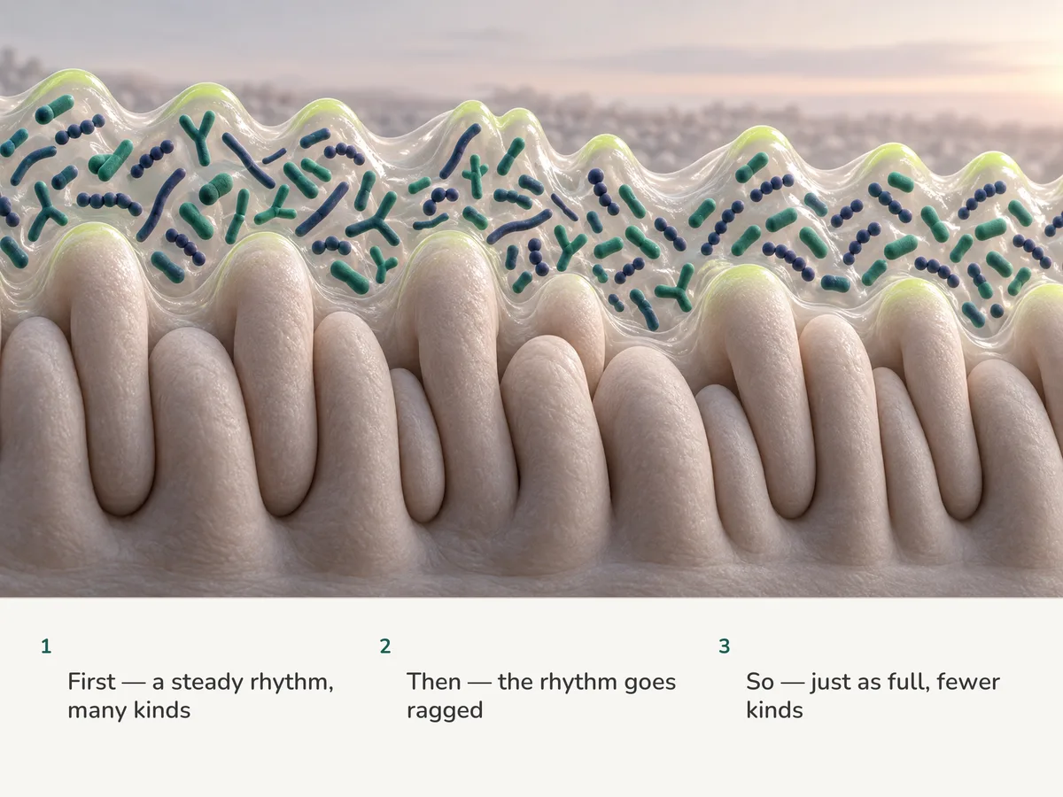 Illustration: gut bacteria along the lining in an even wave that turns ragged, the crowd staying just as full but made of fewer different kinds of cell