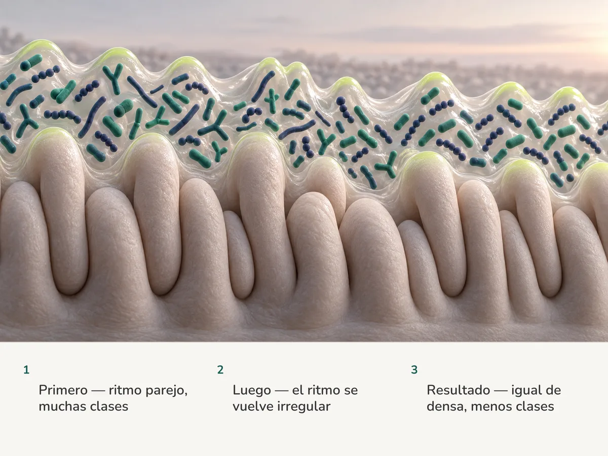 Ilustración: bacterias intestinales a lo largo de la mucosa en una onda pareja que se vuelve irregular; la multitud sigue igual de densa, pero hecha de menos clases de célula