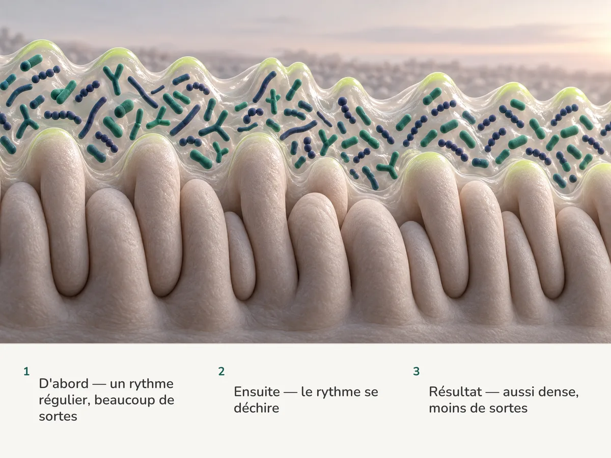 Illustration : les bactéries intestinales le long de la muqueuse forment une vague régulière qui devient irrégulière, la foule restant aussi dense mais faite de moins de sortes de cellules