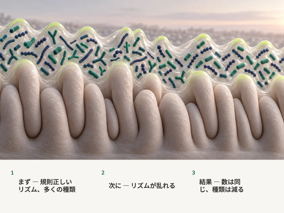 イラスト：腸粘膜に沿った細菌のそろった波がやがて乱れる。数は同じだけ詰まっているのに、種類は少なくなっている