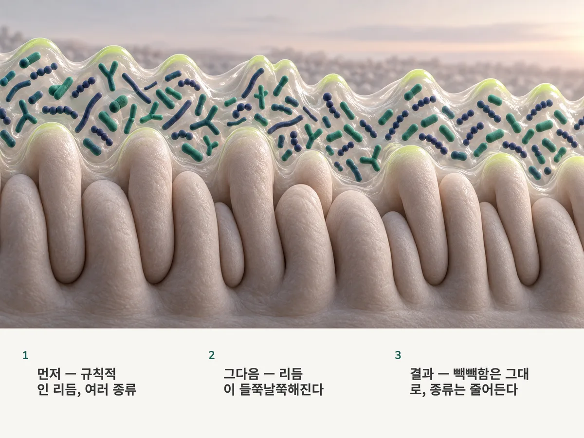 일러스트: 장 점막을 따라 고르게 물결치던 장내 세균이 들쭉날쭉해진다. 무리는 여전히 빽빽하지만 종류는 더 적다