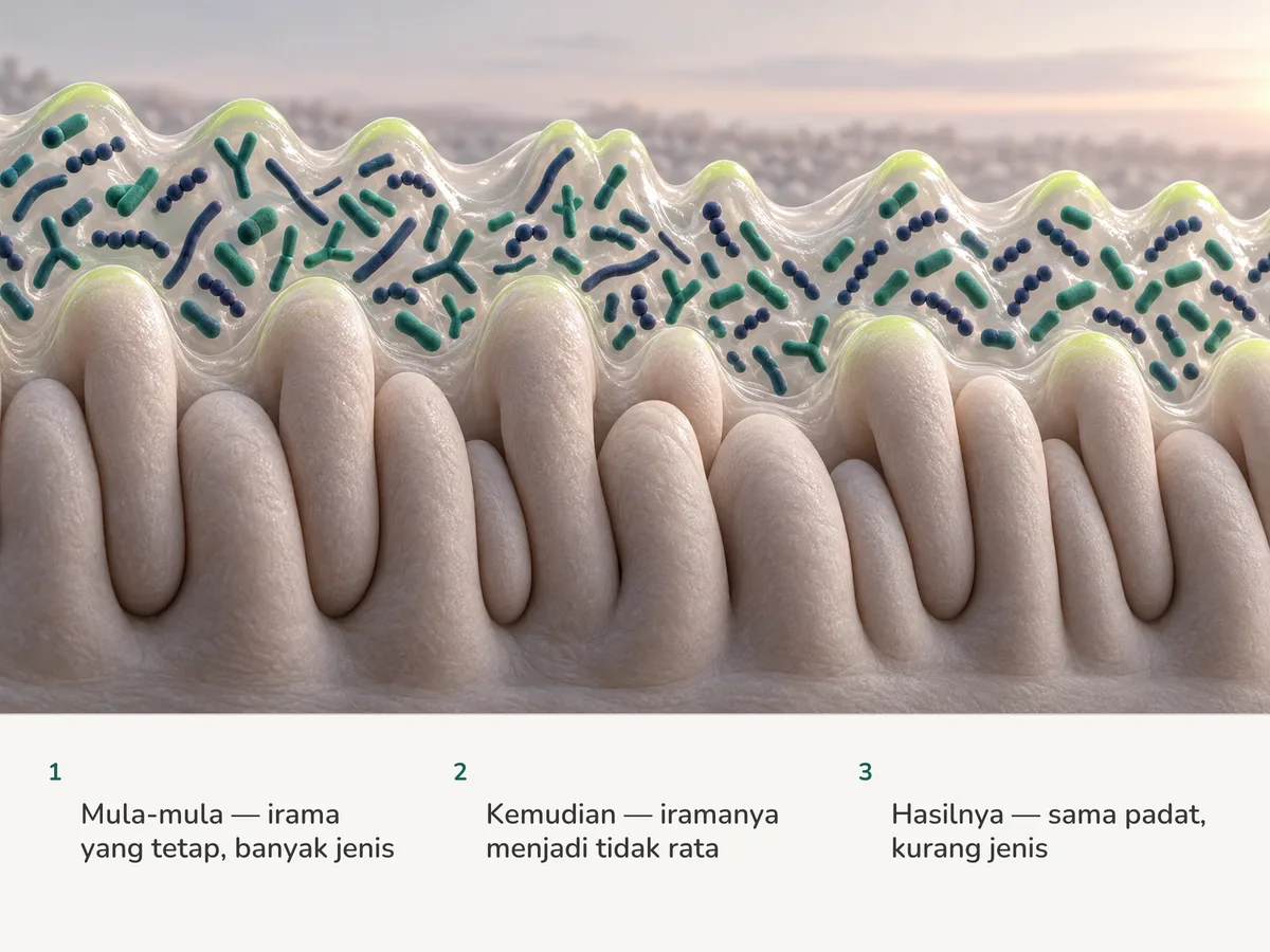 Ilustrasi: bakteria usus di sepanjang lapisan usus dalam ombak yang sekata lalu menjadi tidak rata, kumpulannya tetap sepadat dahulu tetapi terdiri daripada lebih sedikit jenis sel
