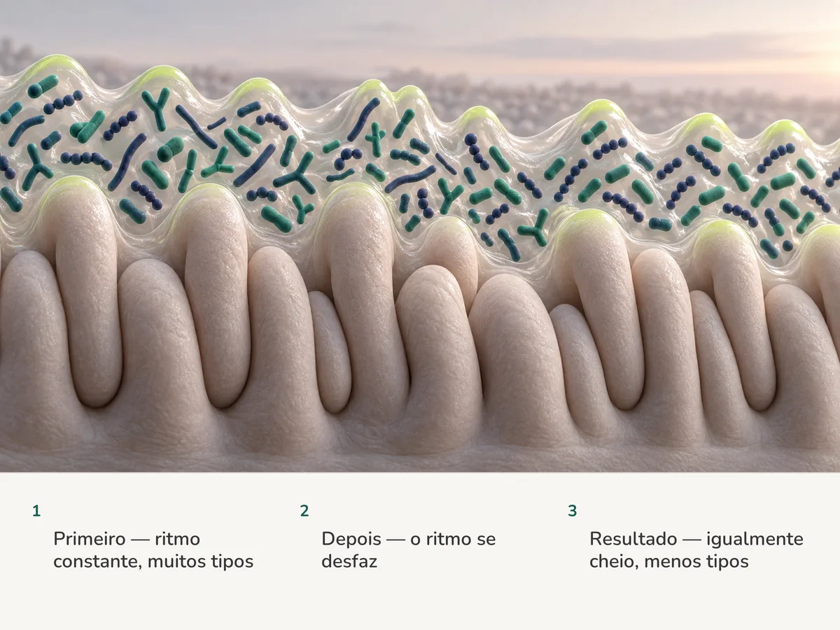 Ilustração: bactérias do intestino ao longo da mucosa numa onda regular que se desfaz, a multidão seguindo igualmente cheia, mas feita de menos tipos de célula