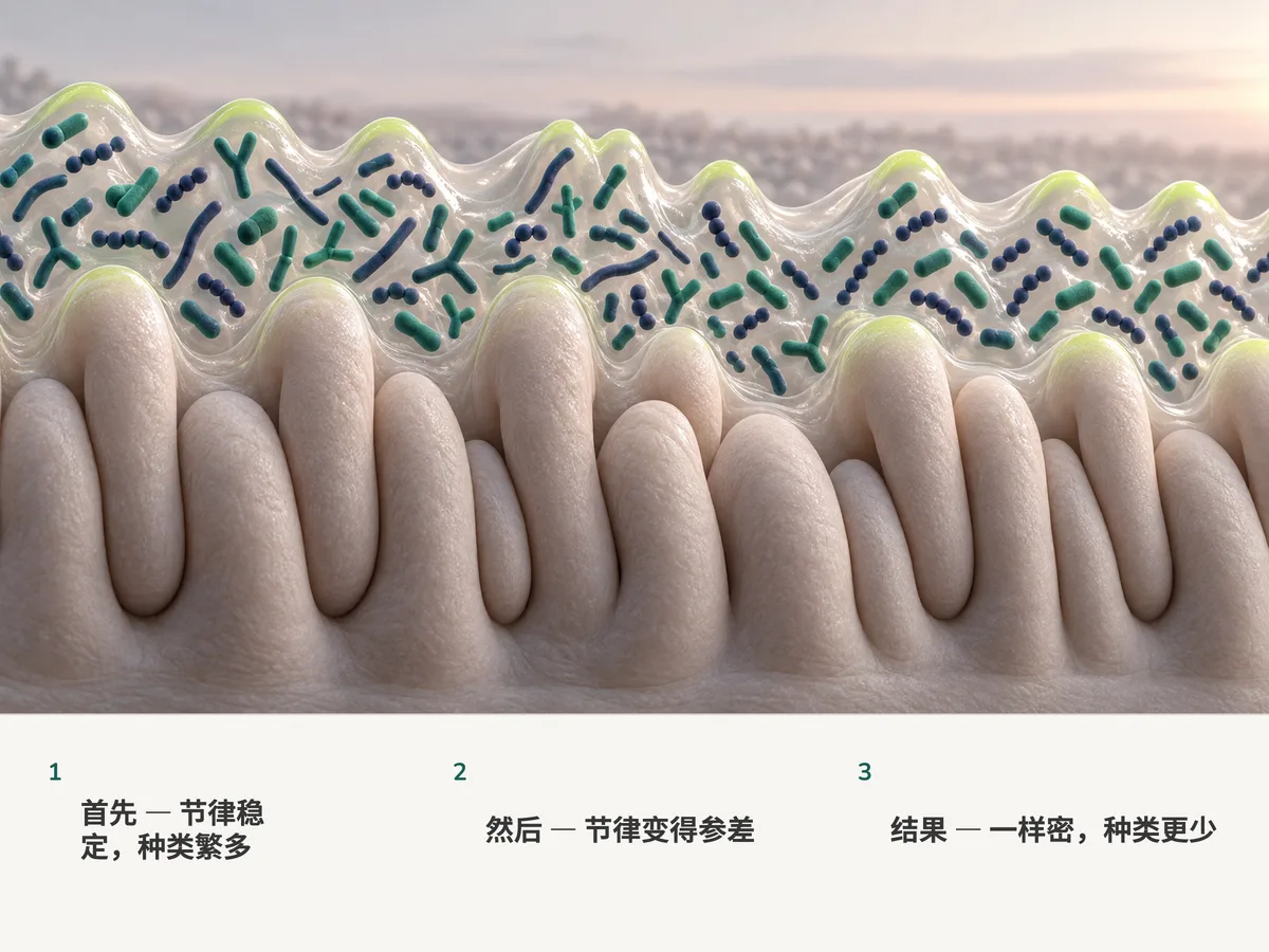插图：肠黏膜上的肠道细菌原本排成均匀的波浪，后来变得参差，数量依然一样多，种类却变少了
